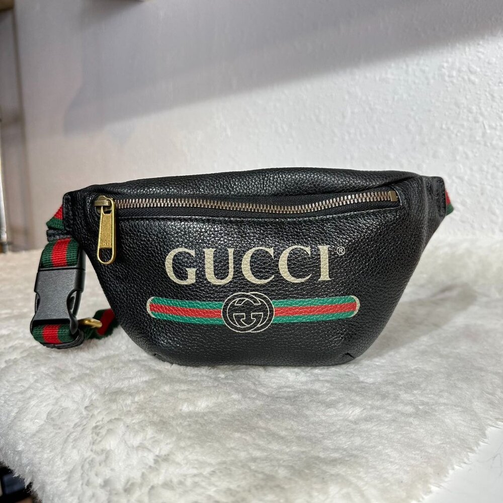 Gucci Black Leahter Gucci Print Belt Bag Bum Bag